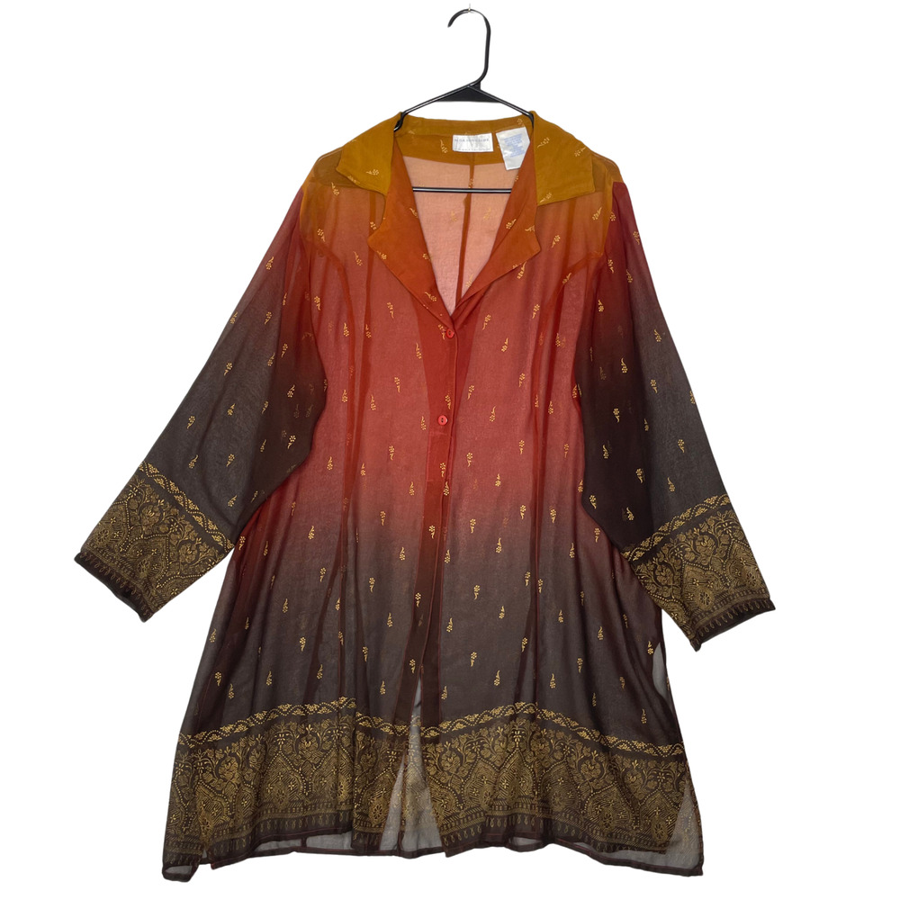 Vintage Womens Top Cover Up 2X‎ Sheer Bohemian Ombre Indian Print Hippie